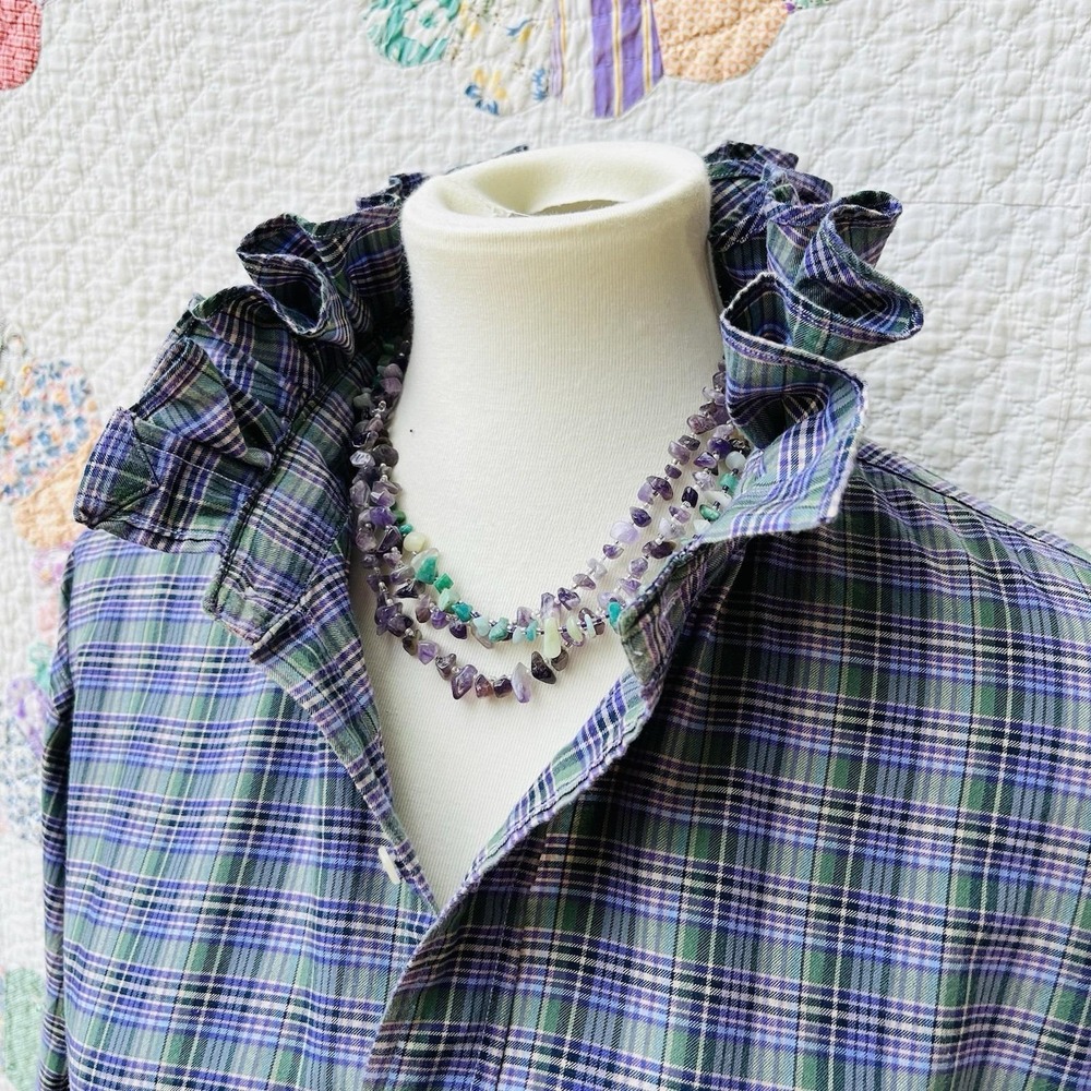 Upcycled Dark Academia Ralph Lauren Slim Fit Purple Green Plaid Ruffle Collar XL - Picture 4 of 10